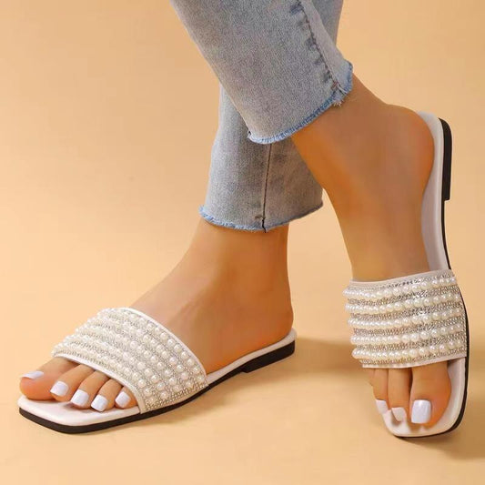 Pearl Rhinestone Flat Slippers Sandals