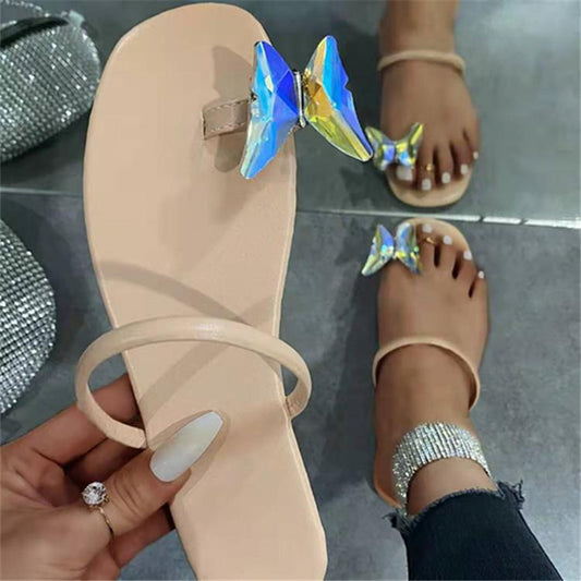 Butterfly Mark Flat Solid Color One Word Sandals