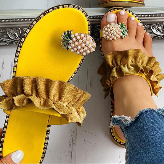 Women Slipper Pineapple Pearl Flat Toe Bohemian Casual Shoes Beach