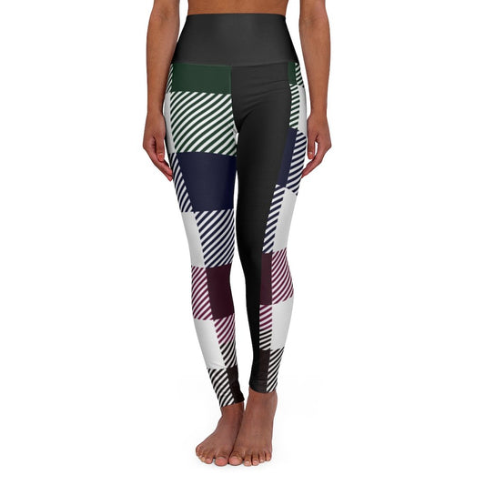 Women's Yoga Pants, Black Multicolor Plaid Print High Waist Fitness